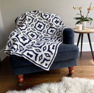 midnight diamond crochet blanket on chair